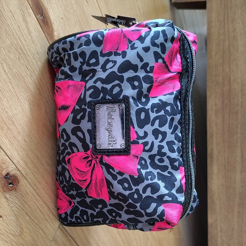 Vintage Betsey Johnson Betseyville Gray and Pink Black Leopard Cosmetic Pouch